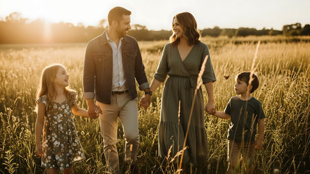 Happy family walking in field at sunset. Mother, father and children outdoors.の素材