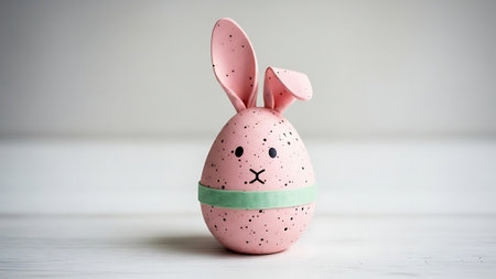 Easter egg with pink bunny ears on a white wooden background.の素材