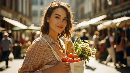 Portrait of a beautiful young woman holding a shopping bag with fresh vegetables.の素材