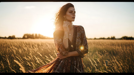 Beautiful young woman in a wheat field at sunset. Beauty, fashion.の素材