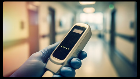 Digital thermometer in the hand of a doctor on a blurred backgroundの素材