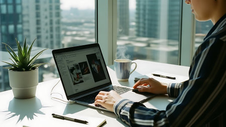 businessman working on laptop and drinking coffee in modern office with city viewの素材