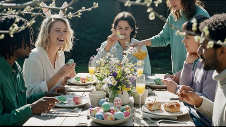 Multi-ethnic group of friends having fun while celebrating easter outdoorsの素材