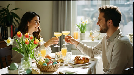 Happy couple with glasses of champagne celebrating Easter at home. Focus on manの素材