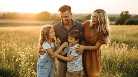 Happy family with two kids in a field at sunset. Mother, father and children are having fun together.の素材