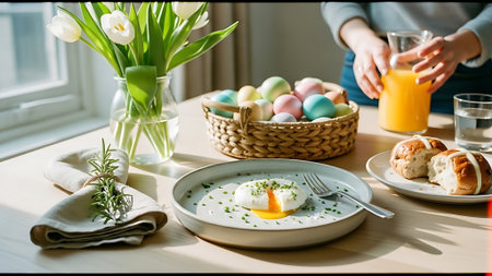 Woman preparing breakfast with eggs and tulips on the table at homeの素材