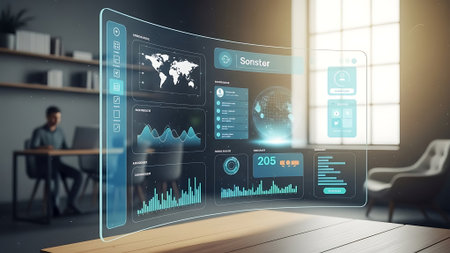 Close up of wooden office desktop with glowing business interface. Toned image double exposureの素材