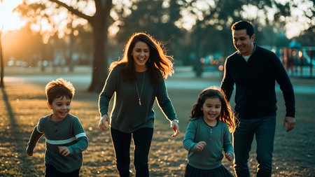 Happy family running in the park at sunset. Mother, father and their children having fun outdoors.の素材