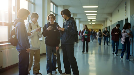 Group of students looking at mobile phone in corridor of school or universityの素材