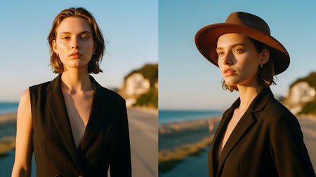 collage of beautiful young woman in hat and coat looking away on seasideの素材
