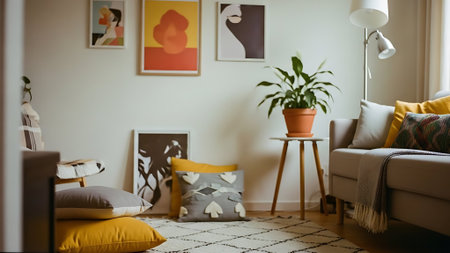 Interior of modern living room with sofa, pillows and plantsの素材