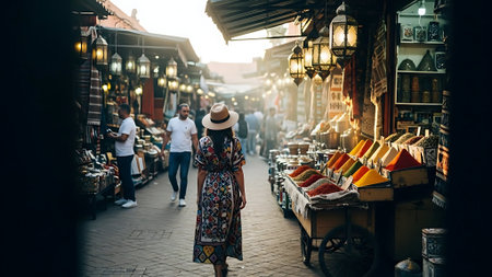 Beautiful girl in a dress and a hat walking through the narrow streets of the old city.の素材