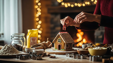 Woman making gingerbread house at table in kitchen. Christmas cooking conceptの素材