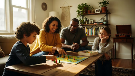 Happy family playing board games at home. Mother, father and children having fun together.の素材