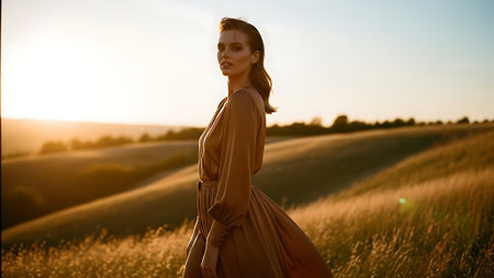 Beautiful young woman in long dress walking in wheat field at sunsetの素材