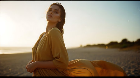 Beautiful young woman in a yellow dress on the beach at sunsetの素材