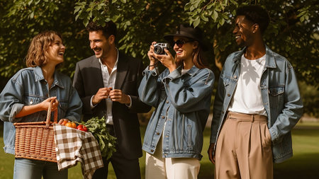 Group of happy friends having picnic in the park, taking photos with cameraの素材
