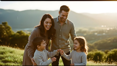 Portrait of happy family spending time together outdoors. They are smiling and looking at each otherの素材