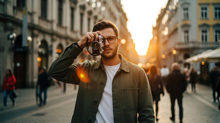 Handsome young man holding a camera and photographing in the cityの素材