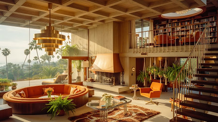 Elegant living room with armchairs, fireplace, coffee table and bookcaseの素材