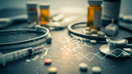 Double exposure of stethoscope and medicine bottles on table. Medical conceptの素材