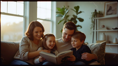 Happy family reading a book together on sofa in living room at homeの素材