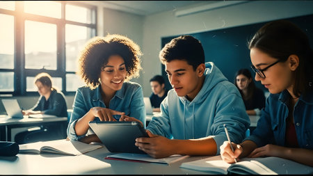 Group of multiethnic students using tablet computer while sitting at table in classroomの素材