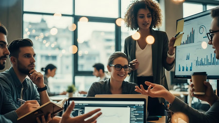 Group of business people in smart casual wear working together in creative office.の素材
