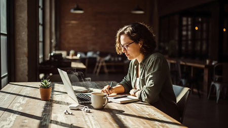 Young female freelancer in eyeglasses using laptop while working in cafeの素材