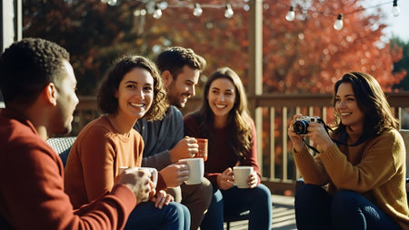Group of friends sitting on the terrace with cups of coffee and looking at cameraの素材
