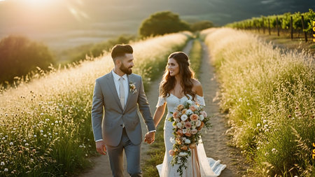 Beautiful wedding couple, bride and groom, walking in the fieldの素材