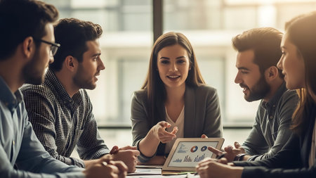 Group of young business people in smart casual wear discussing something while working in officeの素材