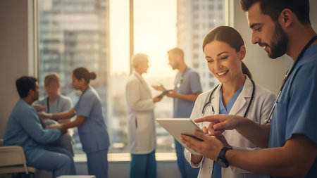 Group of doctors using digital tablet in hospital. Healthcare and medical service.の素材