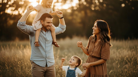 Happy family of four having fun in summer field. Mother, father and children having fun together.の素材
