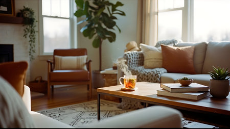 Cup of tea on the table in the living room. Cozy home interiorの素材