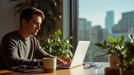 Handsome young man working on laptop while sitting at table in officeの素材