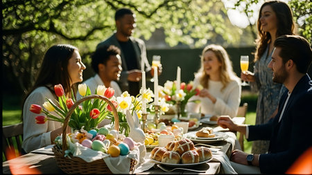 Group of multiethnic friends having a picnic in the garden on a sunny dayの素材