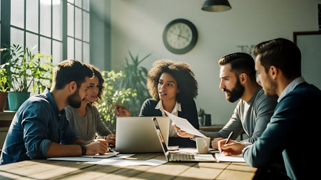 Group of multiethnic business people working together in modern office.の素材