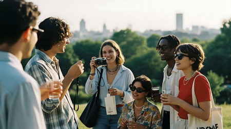 Group of friends taking photos in a park. Group of young people having fun outdoors.の素材