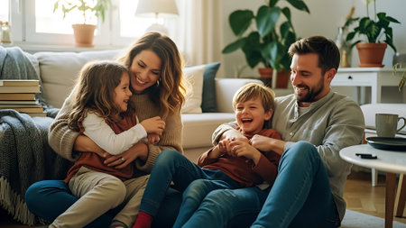 Happy family with two children sitting on sofa at home and laughing.の素材
