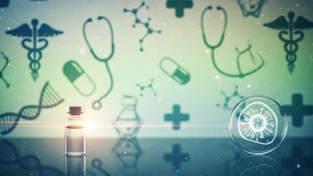 Glass vial with vaccine and medical icons on bokeh backgroundの素材