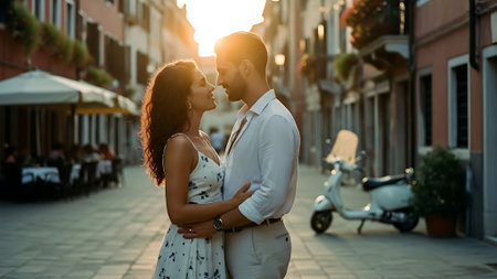 Beautiful couple in love kissing in the city at sunset. Man and woman embracing on the street.の素材