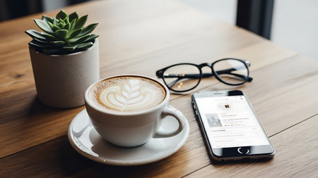 Coffee cup with smart phone and eyeglasses on wooden tableの素材
