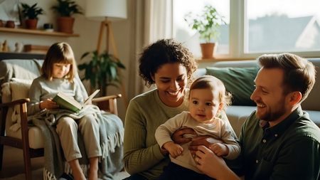 happy family with little daughter reading book together at home in living roomの素材