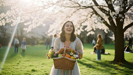 Beautiful young woman with basket of fresh fruits in blooming gardenの素材