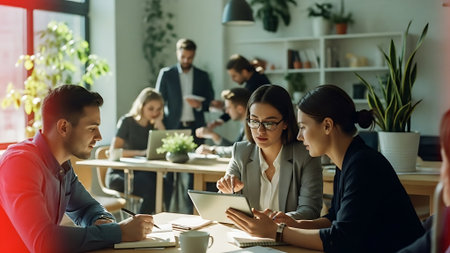Group of business people working and communicating together in office. Teamwork concept.の素材