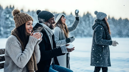 Group of friends having fun on winter vacation. They are drinking coffee and talking.の素材