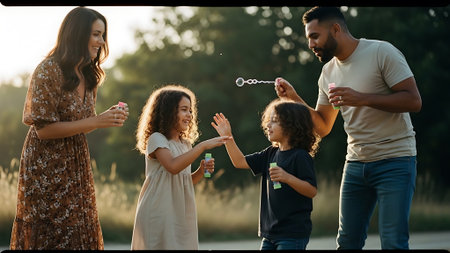 happy family blowing soap bubbles in park on summer day, mom, dad and daughterの素材