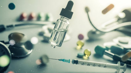 Medical syringe and ampoule on a table with drugs.の素材