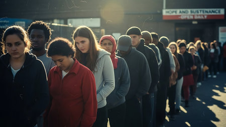 Group of young people waiting for the bus in the city center.の素材